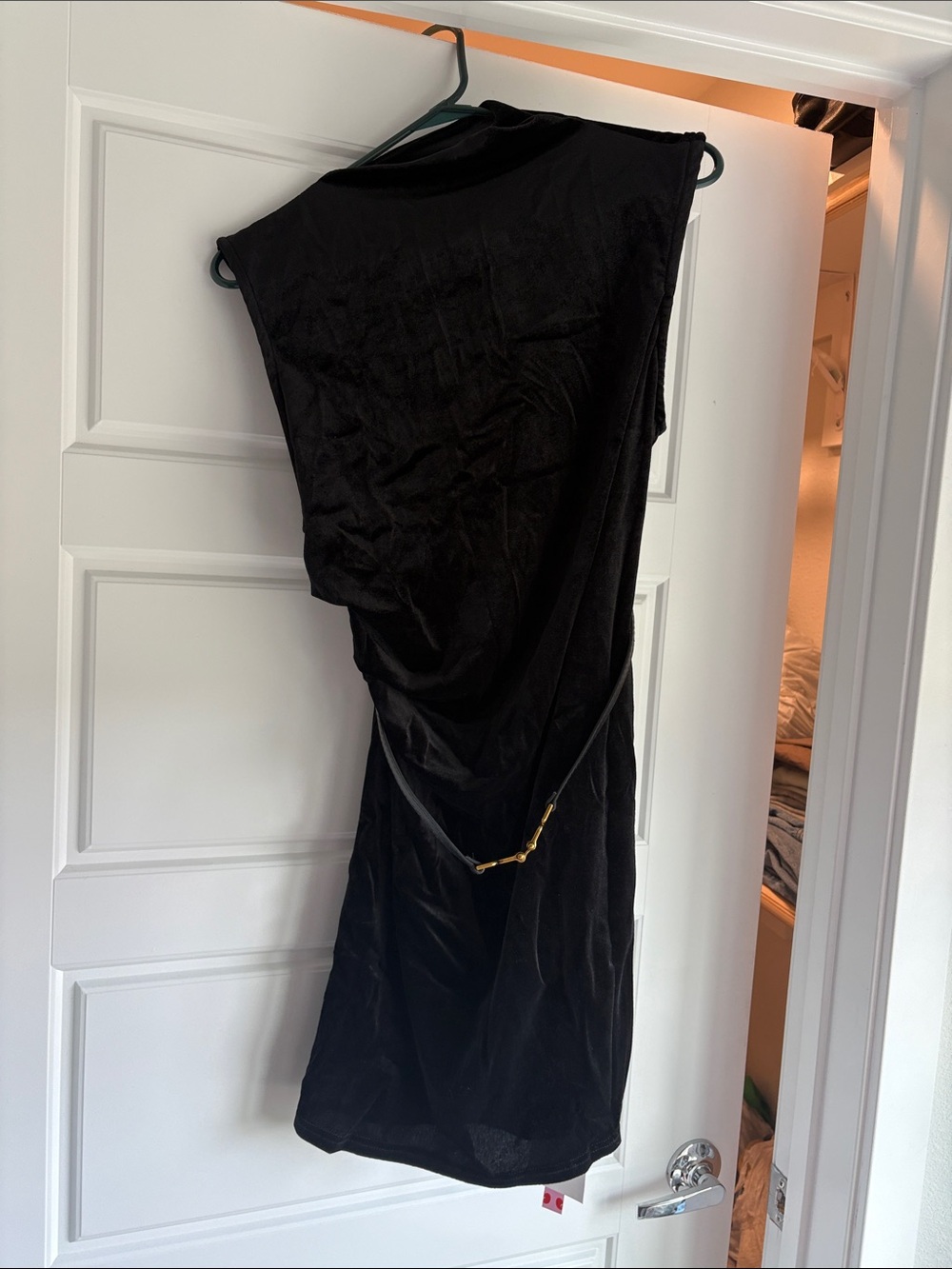 Black Velvet Cowl Neck Dress with Decorative Chain